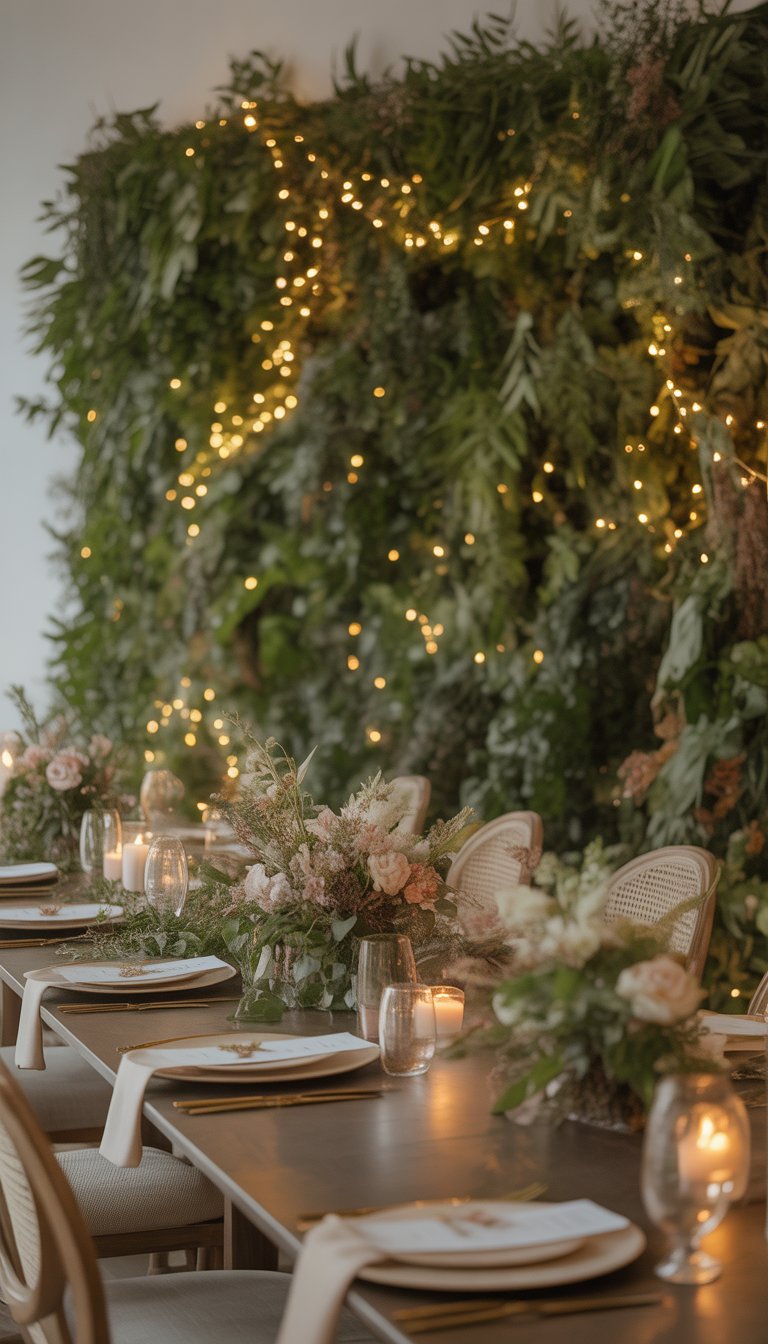 A wedding dinner party setup with a dining table decorated with flowers and candles, and a backdrop of greenery and fairy lights.